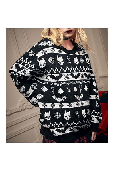 Köstebek Unisex Ethnic Black and White Oversize Gothic Patterned Sweater