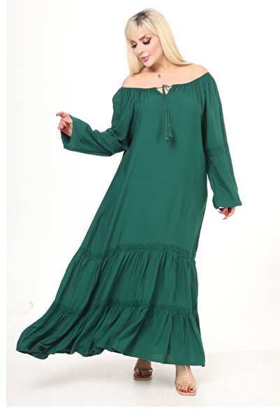 Eceyaman moda women's petrol green sleeves and skirts lace detail plus size dress