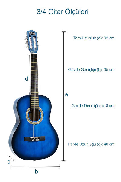 Midex Cg-36bl kaliteli 36" 3/4 Juniur Çocuk Gitarı 8-12 Yaş Arası Çanta Askı Capo Nota Sticker Pena Metod