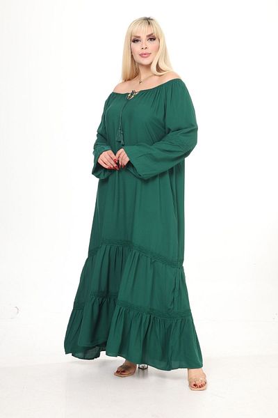 Eceyaman moda women's petrol green sleeves and skirts lace detail plus size dress