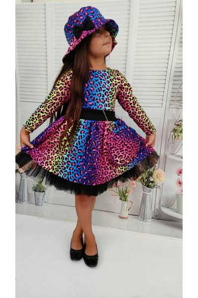 EFE KIDS Kız Çocuk Leopar Desenli Uzun Kollu Şapka Ve Çanta Detaylı Çocuk Abiyesi