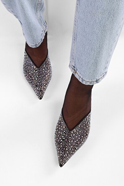 Shoeberry Dámské společenské pantofle Corsage černé saténové kamenné podpatky