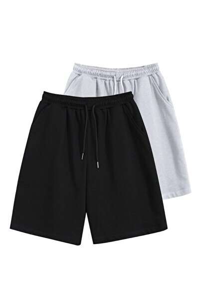 FİTGO Unisex Siyah-Gri Penye Baskısız Şort 2'li Paket