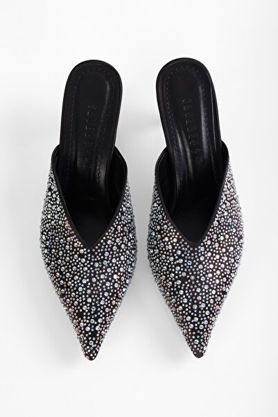 Shoeberry Dámské společenské pantofle Corsage černé saténové kamenné podpatky