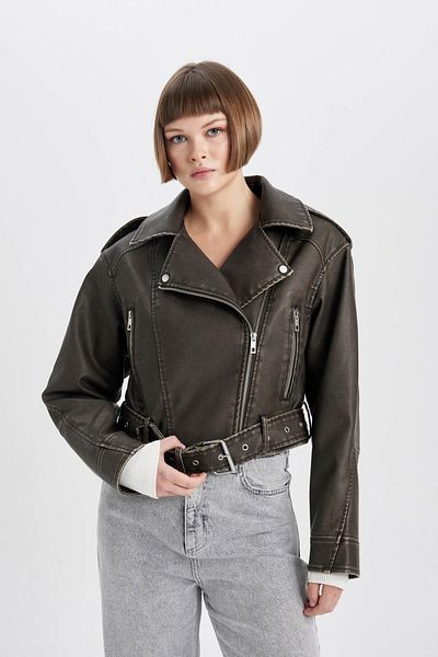 DeFacto Relax Fit палто от изкуствена кожа с колан B0545ax24sp