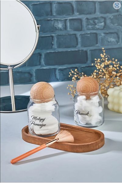 ŞAKİLATA CONCEPT 2-Piece Makeup Cotton & Cotton Organizer with Wooden Stand and Ball Cover 300 Ml