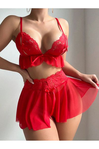 Veille Cămașă de noapte roșie sexy fantezie cu pantaloni scurți din tul, Set pantaloni scurti de sutien cămașă de noapte sexy, erotic, bdsm