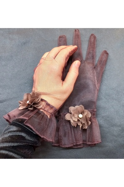 es moda shop Camelia floral ruffle bridal gloves short brown