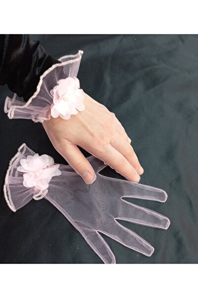 es moda shop قفازات زفاف قصيرة مكشكشة على شكل زهور كاميليا باللون الوردي