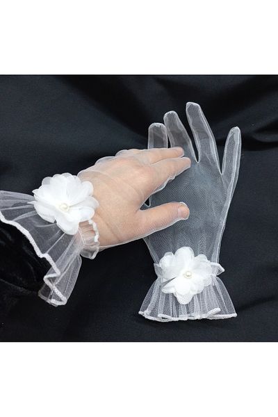 es moda shop Camelia floral ruffle bridal gloves short white