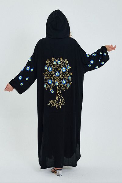 Eceyaman moda Women's Black Back and Sleeves Embroidered Hooded Large Size Large Dress