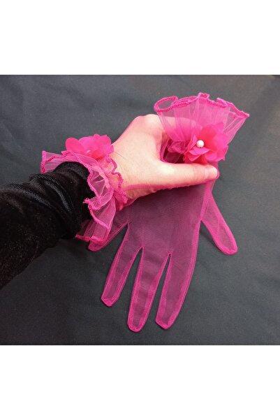 es moda shop قفازات الزفاف القصيرة ذات الكشكشة الزهرية من كاميليا باللون الفوشيا
