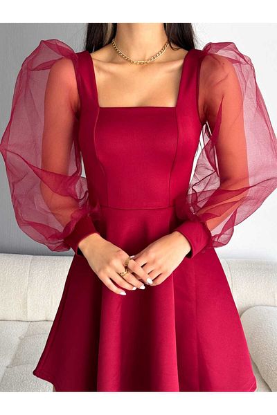 rengafashion Rochie de damă cu guler în U mâneci din tul scuba (culoare)