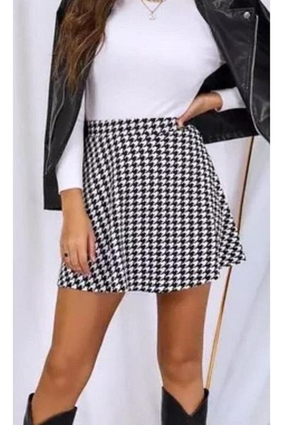merlavin Fusta evazată mini din țesătură cu model Houndstooth pentru femei