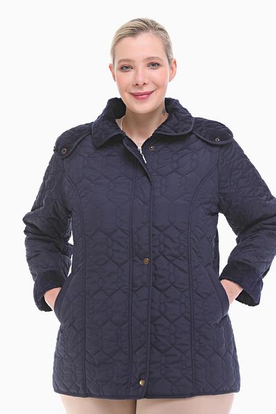 VETRE Women's Large Size Hooded 75 Cm Navy Blue Quilted Coat 1014