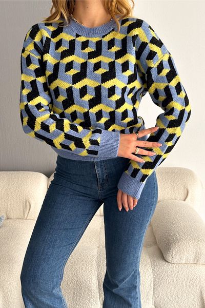 FEMELLE Pulover scurt din tricotaje cu model bloc de mărime standard