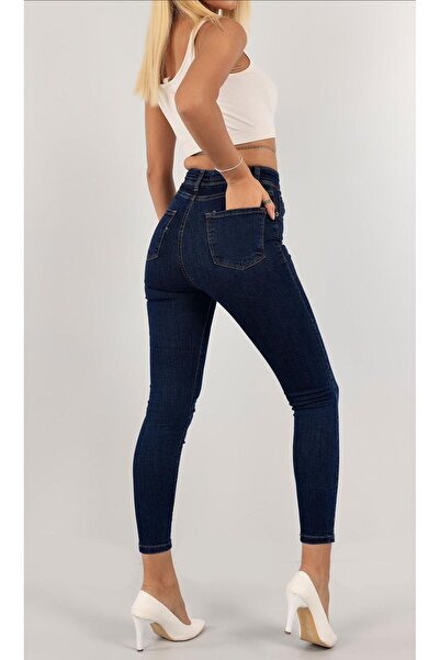 QİSSO Plus Size Blue Skinny Narrow Leg High Waist Fit Trousers