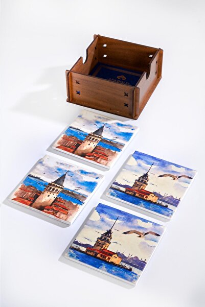 Anadolia Galata tower and maiden's tower 4-piece ceramic coaster set