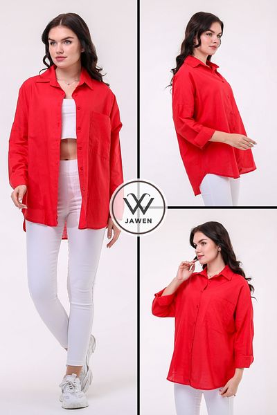 JAWEN Women's Oversize New Season Comfort Model Pocketed Linen 4 Seasons Wide Fit Long Sleeve Plain Shirt