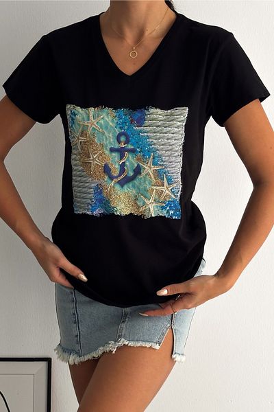 FEMELLE Tricou de damă, negru, cu decolteu în V, stea de mare, cu paiete brodat, 100% bumbac