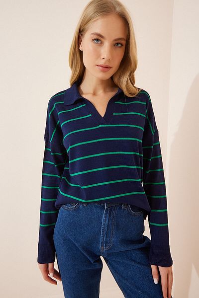 My love butik Pulover de damă, verde, bleumarin, cu dungi polo, tricotaj sezonier