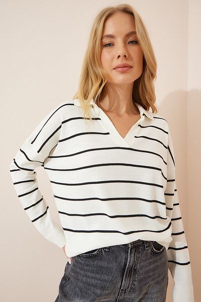 My love butik Pulover de damă, negru, cu dungi, ecru, cu guler polo, tricotaj sezonier BV00012