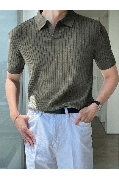 Tarz Cool Khaki Men's Ribbed Polo Collar Knitwear T-Shirt