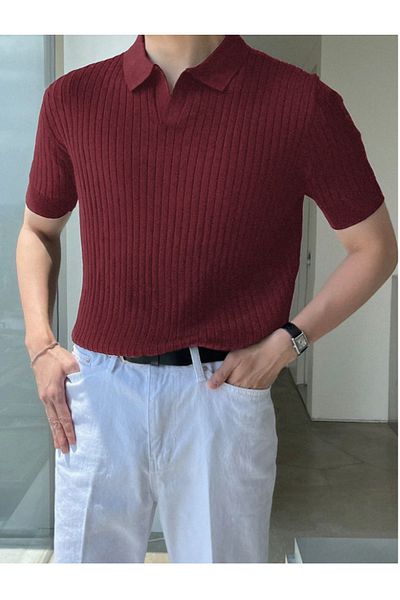 COOL TARZ Πλεκτό μπλουζάκι Claret Red ανδρικό γιακά με ραβδώσεις