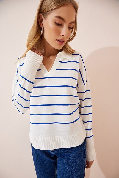 My love butik Women's Ecru Dark Blue Striped Polo Collar Seasonal Knitwear Sweater