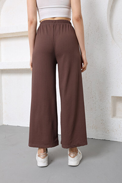 Arvin Kadın Kahve Renk Beli Lastikli Bol Paça Pantolon Oversize Yazlık