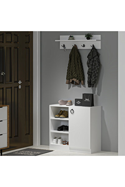 AYSİMO Seri Duvar Askılıklı Ayakkabılıklı Beyaz Vestiyer Portmanto