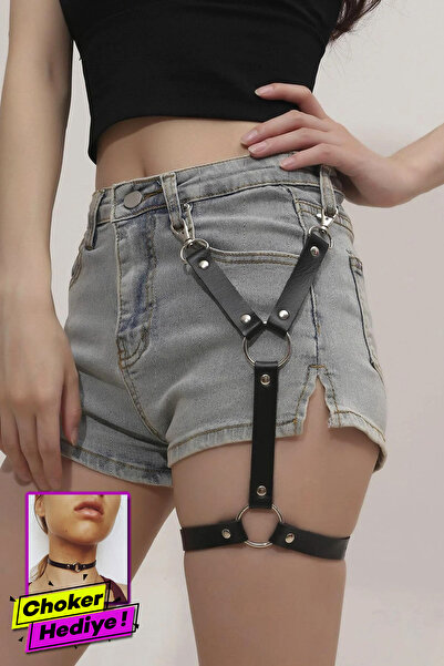 Sweet Demon Tek Bacak Detaylı Askılı Deri Kemeri, Bacak Kemeri Aksesuarı