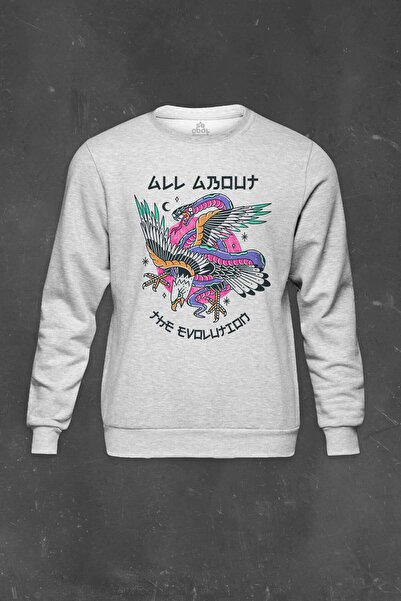 so cool Унісекс-светр Eagle and Snake All About The Evolution Baskılı Gri Sweat