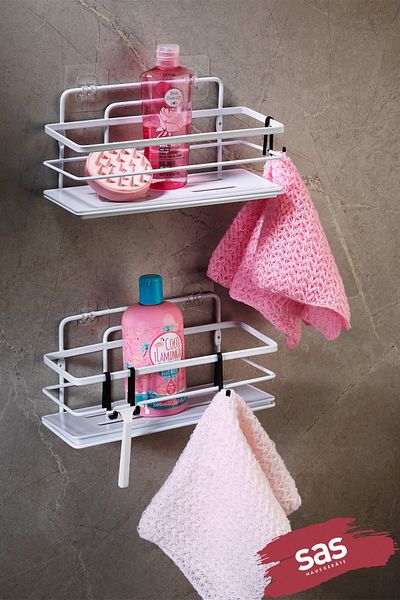 Sas Haus Adhesive Lifetime Stainless Crystal Adjustable Shelf Bathroom Organizer Shampoo Rack 2 PCS White -
