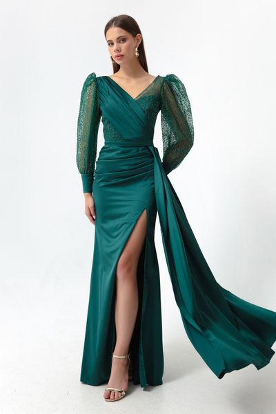 Elegant Green Floral Lace Long Prom Dress with High Slit, Long Green F –  abcprom