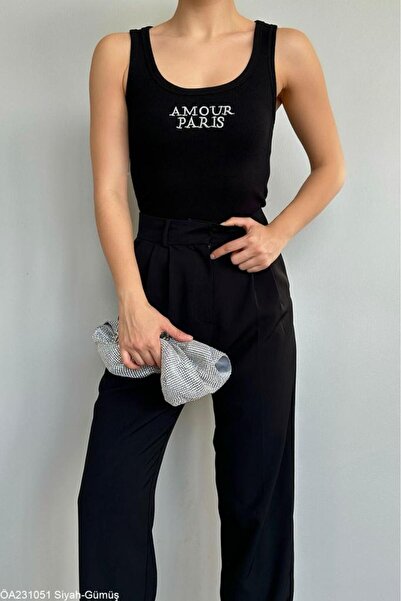 Laluvia Czarno-srebrny podkoszulek Amour Paris z haftowanym brokatem