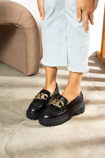 Nstil Black Women's Loafer - Gold Chain, Oval Toe Cap, Thick Sole Moccasin Shoes 420