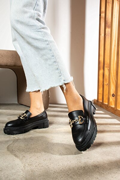 Nstil Casual Black Women's Loafer Classic Thick Sole Gold Buckle Oval Toe Moccasin Shoes 430