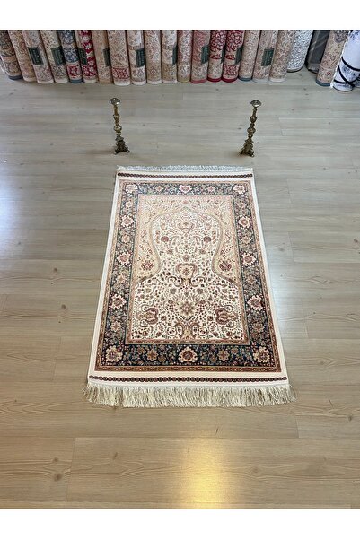 SOMTAŞ HALI KREM MAVİ İPEK SECCADE BAMBU