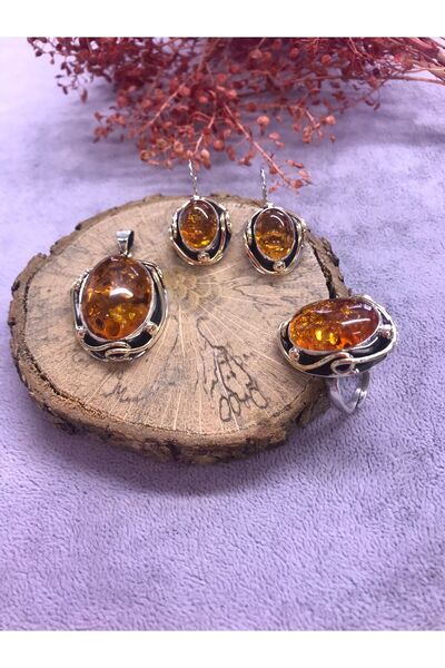 NSA SILVER Kehribar Taşlı Gümüş Set 925 Ayar Ayarlı Yüzük Kolu