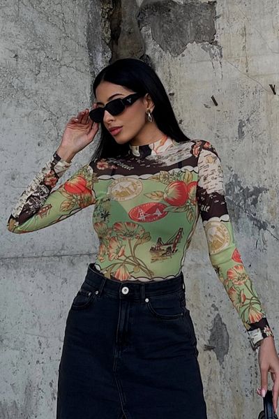 Bipantolon Γυναικείος χάρτης Floral εμπριμέ μακρυμάνικη μπλούζα από τούλι