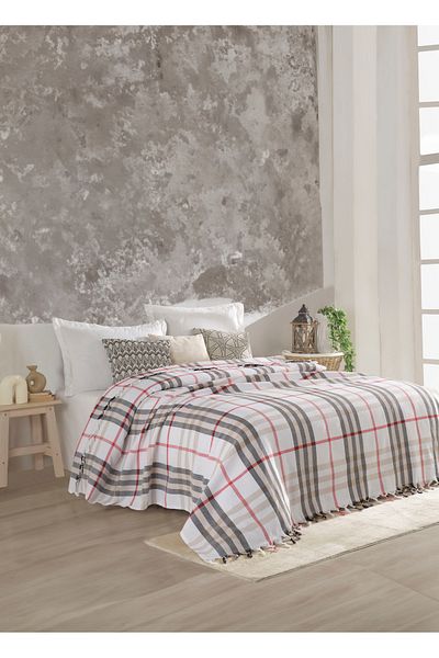 Lux Touch Scotch Dublu Pique alb-bej - Husă canapea extensibilă din bumbac 200x230cm
