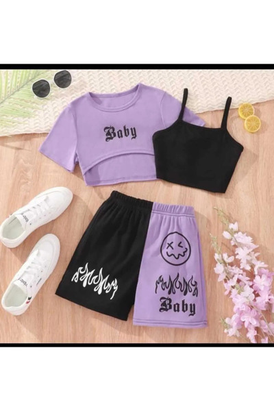 Keywest Set de tricou cu pantaloni scurți pentru copii, fete, cu imprimeu pen...