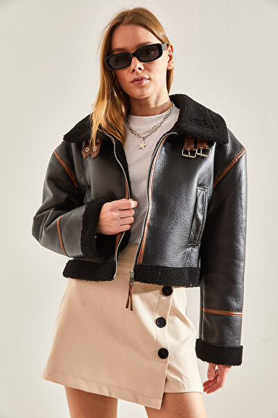 Bianco Lucci Kadın Yakası Kemerli Lamine Ceket