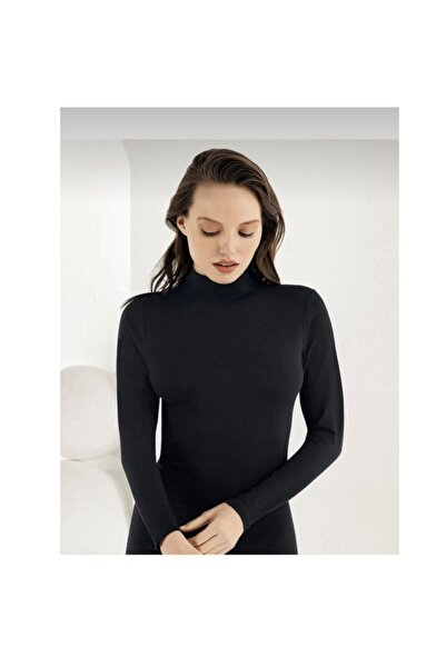 ERŞAH Kadın Siyah Likralı Boğazlı Uzun Kol Atlet 5008