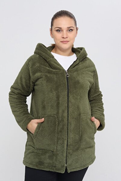 tarzımsüper Large Size Warm Plush Sweat Zippered Hooded 2 Pockets Knitted Plush Fleece Sweatshirt