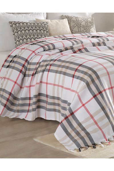 Lux Touch Scotch Dublu Pique alb-bej - Husă canapea extensibilă din bumbac 200x230cm