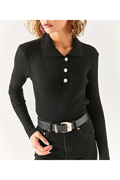 AYSAMOOD Women's Black Buttoned Polo Collar Ribbed Knitwear Sweater