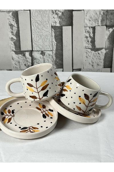 Inspire Ceramic Set of 2 Coffee Cups with Ceramic Plates - Handmade 4 Pieces