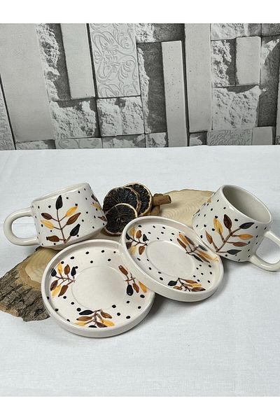 Inspire Ceramic Set of 2 Coffee Cups with Ceramic Plates - Handmade 4 Pieces